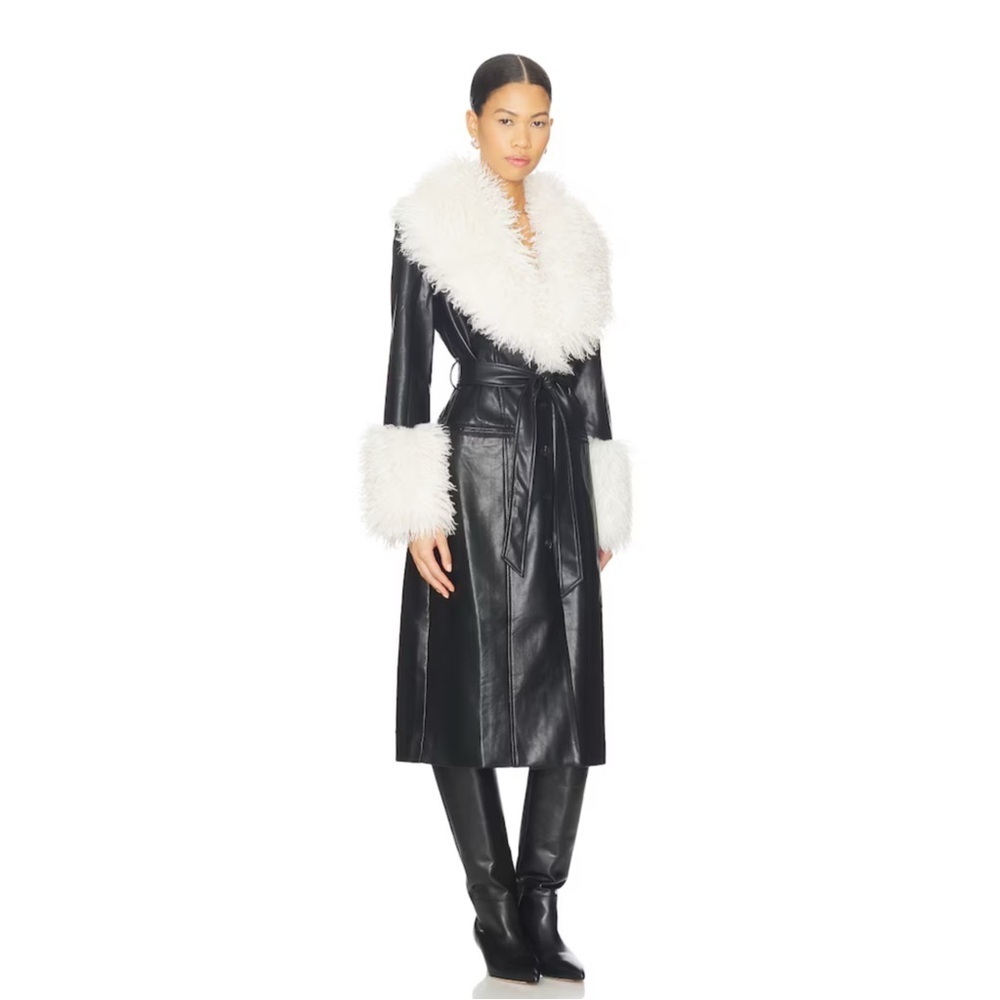 NIA Orla Vegan Leather Coat Black Teddy Fur Collar Belted Trench Jacket Revolve